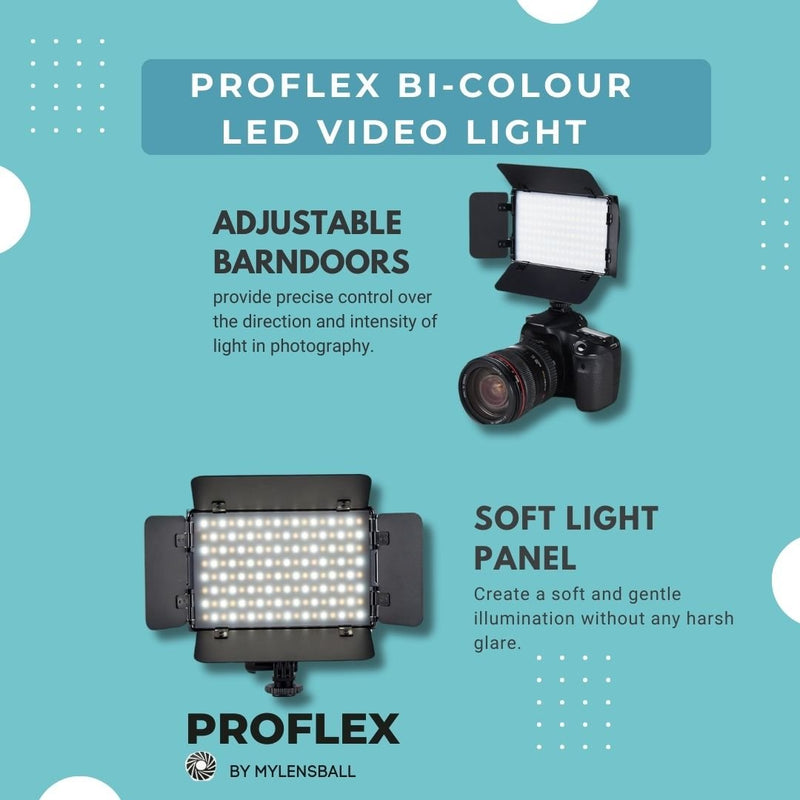 ProFlex Bi-Colour LED Video Light - 15W On-Camera Kit with Barn Door & 2200mAh Battery - mylensball.com.au