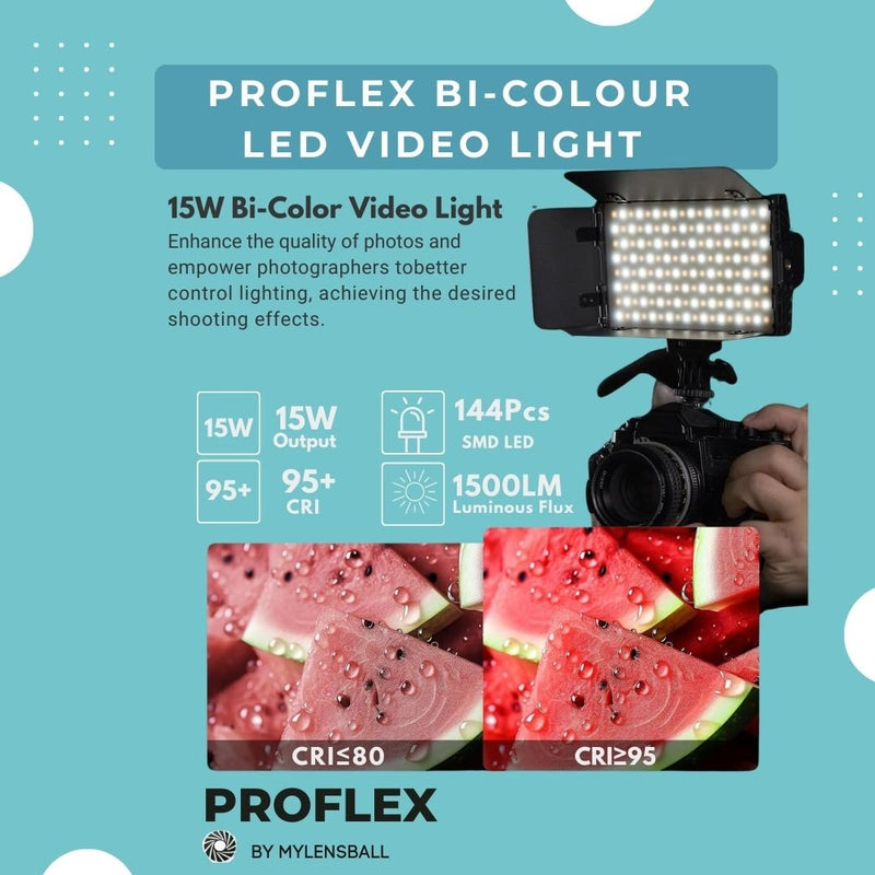 ProFlex Bi-Colour LED Video Light - 15W On-Camera Kit with Barn Door & 2200mAh Battery - mylensball.com.au