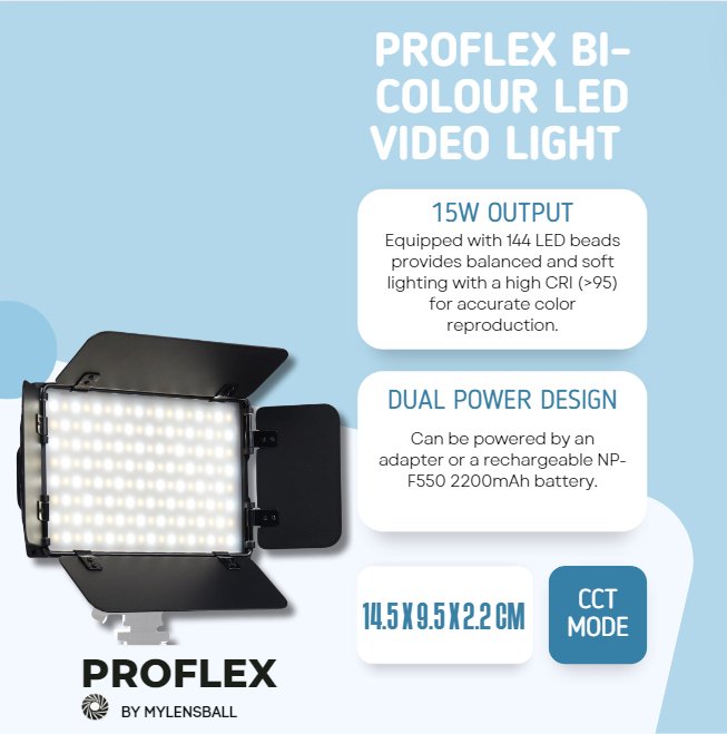 ProFlex Bi-Colour LED Video Light - 15W On-Camera Kit with Barn Door & 2200mAh Battery - mylensball.com.au