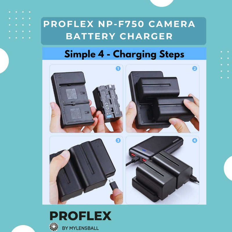 ProFlex NP - F750 Camera Battery and Charger (2 - Pack, 5600mAh) with Smart LED USB Charger - mylensball.com.au