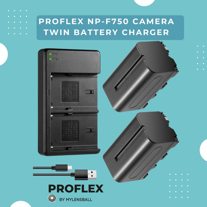 ProFlex NP - F750 Camera Battery and Charger (2 - Pack, 5600mAh) with Smart LED USB Charger - mylensball.com.au