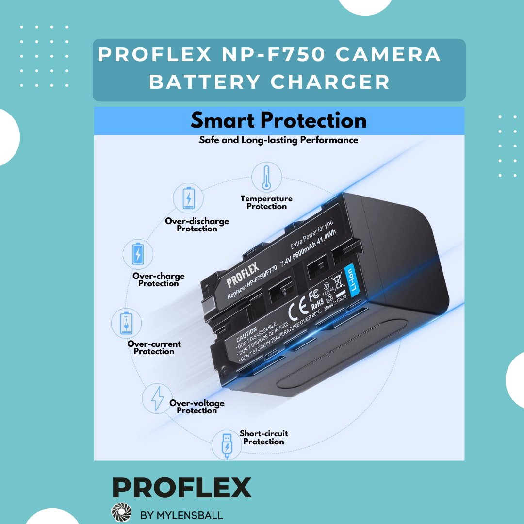 ProFlex NP - F750 Camera Battery and Charger (2 - Pack, 5600mAh) with Smart LED USB Charger - mylensball.com.au