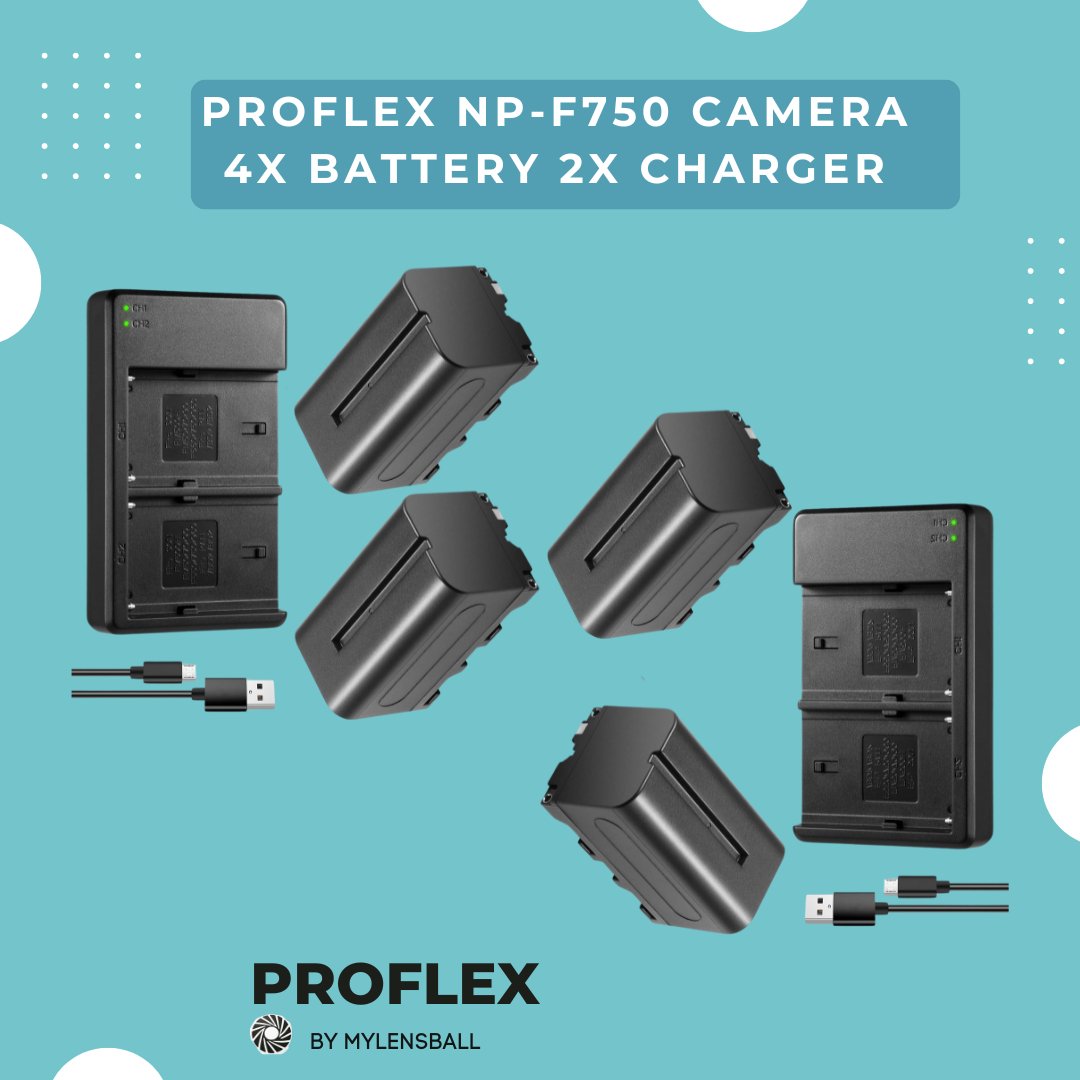 ProFlex NP - F750 Camera Battery and Charger (2 - Pack, 5600mAh) with Smart LED USB Charger - mylensball.com.au